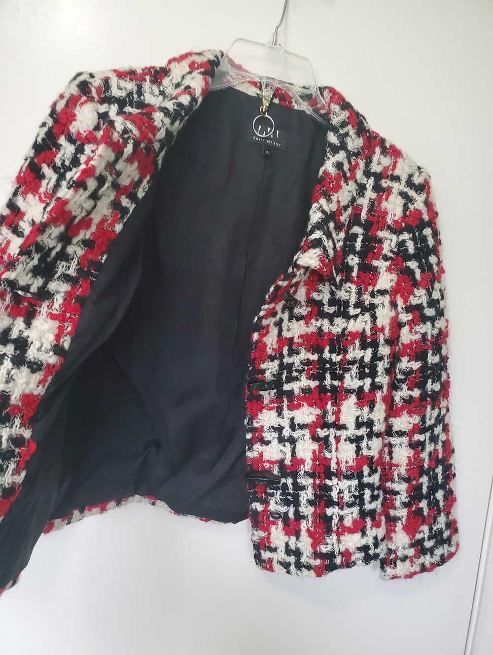 David Meister Plaid Tweed Boucle Jacket Blazer Red Black Cream Size 6 Wool Blend